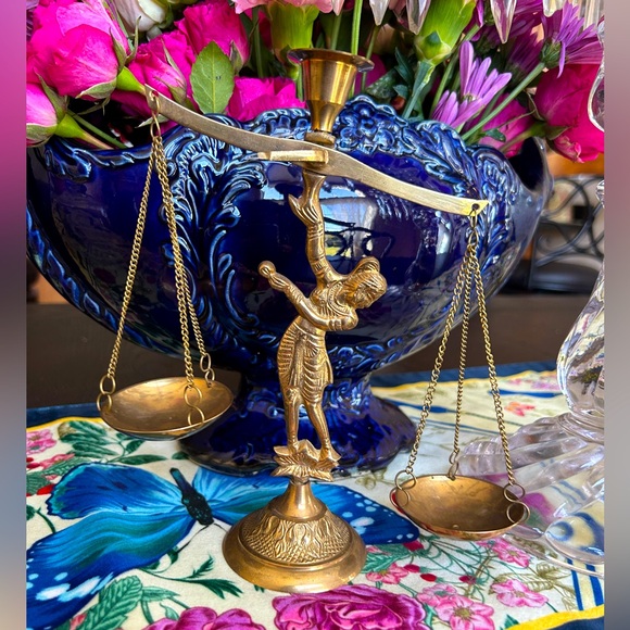 Vintage brass candle holder with balance scale from India candle stick